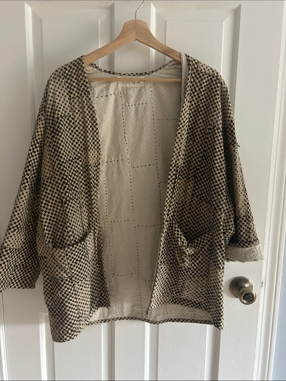 Women’s Open-Front Beige & Black Patterned Cardigan Sweater